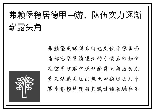 弗赖堡稳居德甲中游，队伍实力逐渐崭露头角